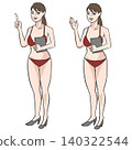 夏天，一位年輕女子身穿紅色泳衣，手持文件講解。 140322544