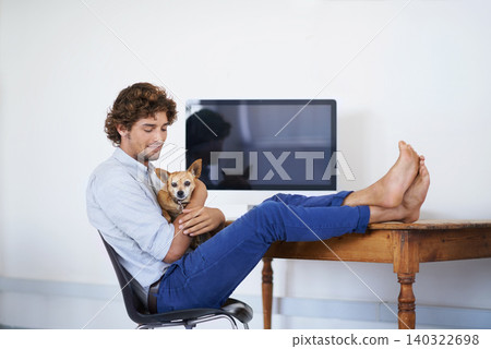 Happy man, computer screen or relax with dog and feet on table or technology mock up for online publisher. Young guy, care and desktop for company logo with pet and love for chihuahua in living room Happy man, computer screen or relax with dog and feet on table or technology mock up for online publisher. Young guy, care and desktop for company logo with pet and love for chihuahua in living room 140322698