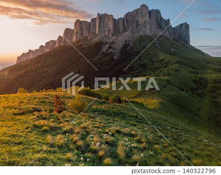 National park Bolshoy Tkhach mountain in Caucasus with sunset sunlight National park Bolshoy Tkhach mountain in Caucasus with sunset sunlight 140322796