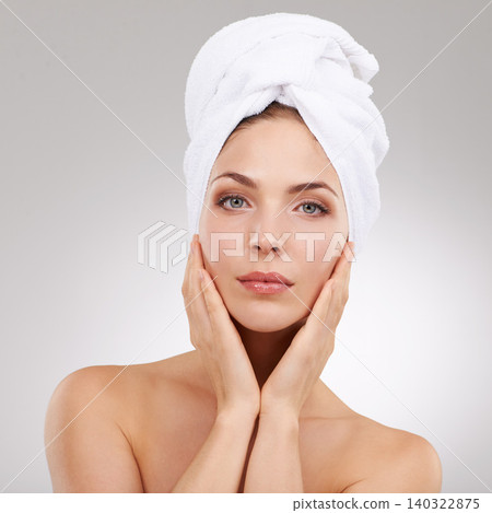 Beauty, cosmetics and portrait of woman with towel, natural glow and getting ready in studio. Dermatology, healthy skin and girl on white background with luxury facial, morning routine and skincare. Beauty, cosmetics and portrait of woman with towel, natural glow and getting ready in studio. Dermatology, healthy skin and girl on white background with luxury facial, morning routine and skincare. 140322875