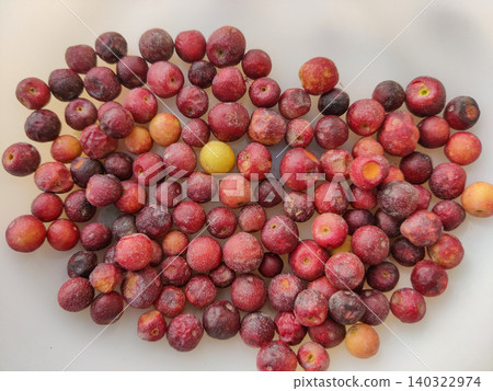 Mixed raw and ripe phalsa berries displaying natural maturity of a seasonal Pakistani fruit 140322974