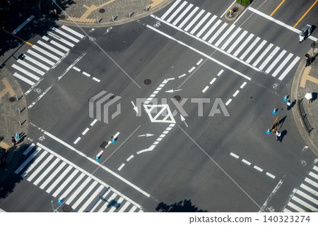 An aerial view of an office district intersection on a holiday. An aerial view of an office district intersection on a holiday. 140323274