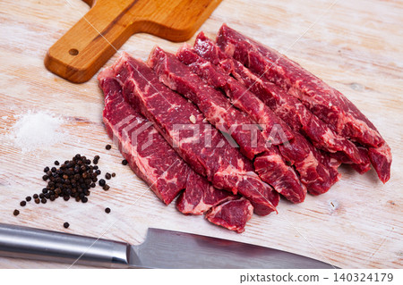 Sliced raw veal steak on wooden table 140324179