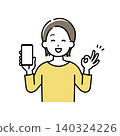 一幅插圖，描繪了一位年輕女子展示她的智慧型手機螢幕並做出OK手勢。 140324226