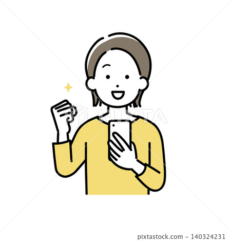 An illustration of a young woman making a victory pose while holding her smartphone. An illustration of a young woman making a victory pose while holding her smartphone. 140324231
