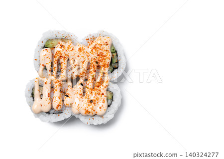 Close Up of Spicy Sushi Roll isolated on white background Close Up of Spicy Sushi Roll isolated on white background 140324277