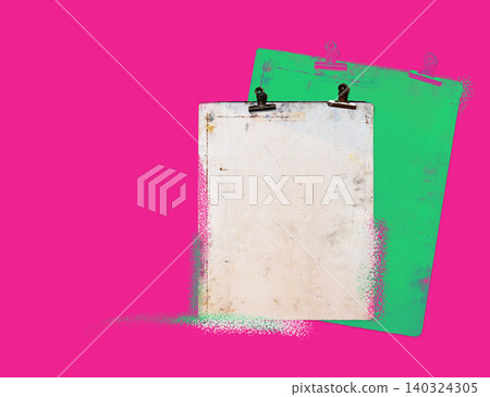 Artistic composition of a worn vintage clipboard with blank paper layered over a green clipboard, set against a vibrant pink background, Artistic composition of a worn vintage clipboard with blank paper layered over a green clipboard, set against a vibrant pink background, 140324305