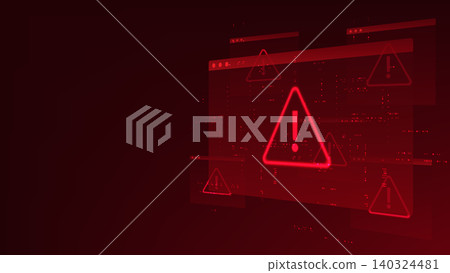 Technology background digital interface windows with glowing red warning signs, representing critical system alerts, immediate security threat detection, network vulnerabilities, cyber attack 140324481