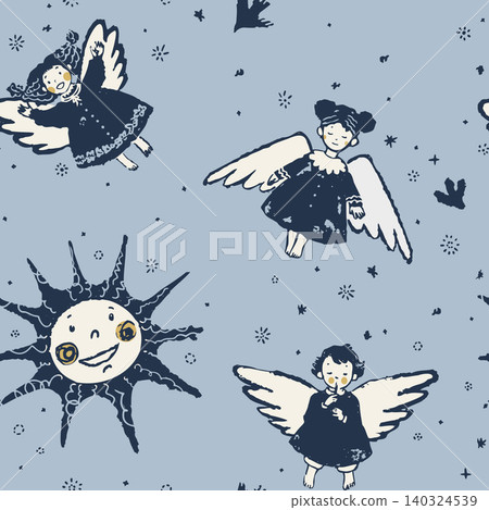 Whimsical Angel and Smiling Sun Seamless Pattern in Folk Art Style Whimsical Angel and Smiling Sun Seamless Pattern in Folk Art Style 140324539