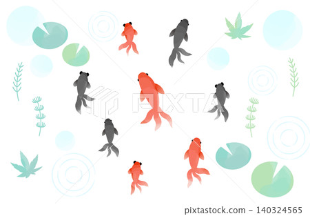 一套水彩風格的插圖,包括金魚、扇尾金魚和水生植物。 一套水彩風格的插圖,包括金魚、扇尾金魚和水生植物。 140324565