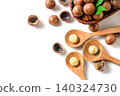 Flat Lay of Macadamia Nuts and Kernels in Wooden Spoons with Copy Space 140324730
