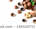 Top View of Macadamia Nuts and Kernels with Wooden Spoon on White Background 140324731
