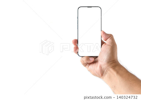 Hand Holding Smartphone Mockup with Blank Screen Isolated on Light Gray Background Hand Holding Smartphone Mockup with Blank Screen Isolated on Light Gray Background 140324732