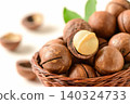 Close-Up of Macadamia Nuts in Wicker Basket with Cracked Shell and Fresh Kernel 140324733