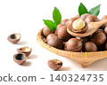 Macadamia Nut Kernel on Wooden Spoon with Basket of Whole Nuts Isolated on White Background 140324735
