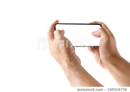 Hands Holding Smartphone in Landscape Mode with Blank Screen Mockup Isolated on White Background Hands Holding Smartphone in Landscape Mode with Blank Screen Mockup Isolated on White Background 140324736