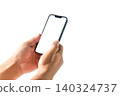 Hands Holding Smartphone with Blank Screen Mockup Isolated on White Background 140324737