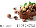 Macadamia Nuts and Kernels in Wicker Basket Isolated on White Background 140324738