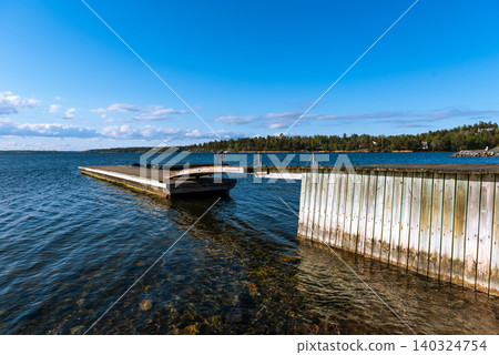 scenic lakeside view with wooden pier and blue sky scenic lakeside view with wooden pier and blue sky 140324754