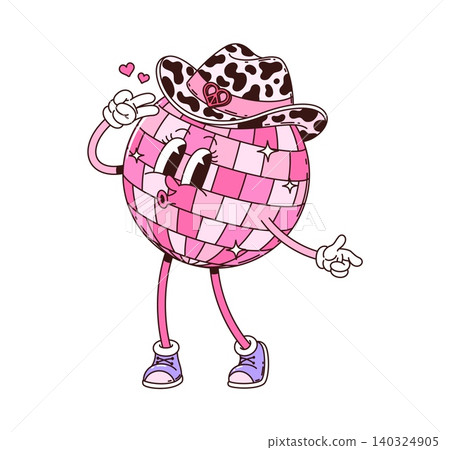 Pink cowgirl disco ball cartoon groovy character Pink cowgirl disco ball cartoon groovy character 140324905