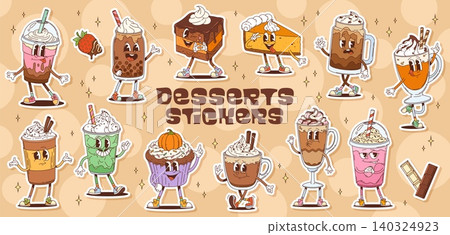 Retro hippie groovy dessert characters stickers Retro hippie groovy dessert characters stickers 140324923