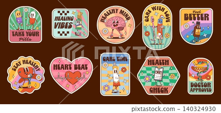 Medicine characters hippie groovy stickers 140324930