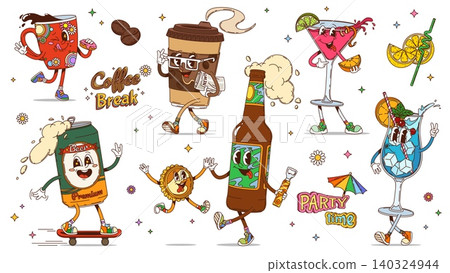Cartoon groovy drinks and cocktails characters Cartoon groovy drinks and cocktails characters 140324944