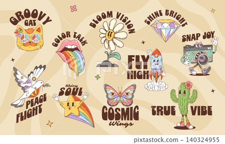 Cartoon funky hippie y2k groovy character stickers Cartoon funky hippie y2k groovy character stickers 140324955