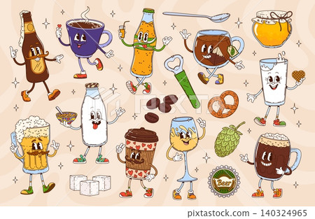 Cartoon groovy drink characters, retro beverages Cartoon groovy drink characters, retro beverages 140324965