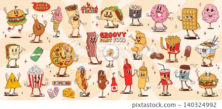 Cartoon groovy fast food and drinks characters Cartoon groovy fast food and drinks characters 140324992
