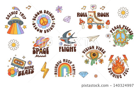 Hippie Y2K groovy stickers with hippie rainbows 140324997