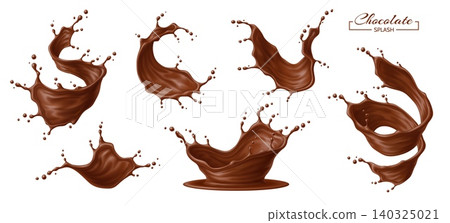 Chocolate splash and flow waves. Realistic 3d vector coffee and cocoa crown waves, tornado swirls with drops. Brown sweet liquid dessert streams, splashing with droplets for product promotions and ads 140325021