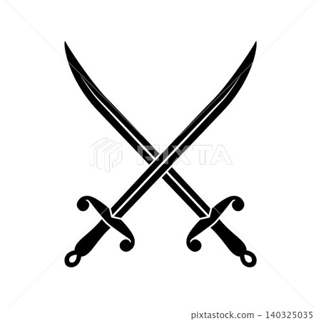 Pirate sabers and swords icons, corsair battle blades and sailor daggers vector emblem. Filibuster weapon blades monochrome symbol or icon 140325035
