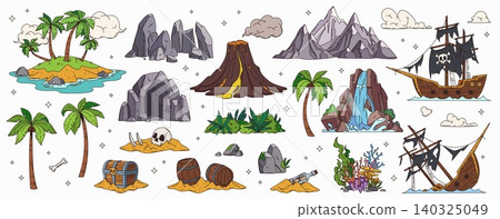 Adventure map constructor vector details. Pirate island, cave, rocky mountain, treasure chest and barrel, sunken ship and skull. Pirate treasure island map palm tree, waterfall, volcano and coral reef Adventure map constructor vector details. Pirate island, cave, rocky mountain, treasure chest and barrel, sunken ship and skull. Pirate treasure island map palm tree, waterfall, volcano and coral reef 140325049