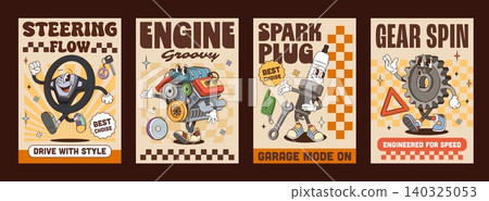 Y2k groovy car spare parts funky hippie posters. Retro automotive cards featuring cartoon playful garage characters as steering wheel, engine, spark plug and gear with typography and vintage colors Y2k groovy car spare parts funky hippie posters. Retro automotive cards featuring cartoon playful garage characters as steering wheel, engine, spark plug and gear with typography and vintage colors 140325053