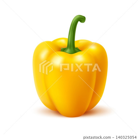 Realistic ripe raw bell pepper vegetable. Isolated 3d vector natural fresh, healthy food, yellow paprika plant. Bulgarian pepper, organic veggies, eco farm production, farming crop, cooking ingredient 140325054