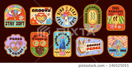 Retro groovy label stickers, vintage hippie patches with psychedelic characters. Vector y2k hippie rainbow mushroom, flower, peace heart and sunglasses, groovy melting smile emoji and eye stickers Retro groovy label stickers, vintage hippie patches with psychedelic characters. Vector y2k hippie rainbow mushroom, flower, peace heart and sunglasses, groovy melting smile emoji and eye stickers 140325055