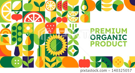 Organic food fruits and vegetables poster with mosaic geometric ornament pattern. Colorful poster featuring orange, lemon, apple, peas and watermelon. Vector organic food festivals Organic food fruits and vegetables poster with mosaic geometric ornament pattern. Colorful poster featuring orange, lemon, apple, peas and watermelon. Vector organic food festivals 140325057