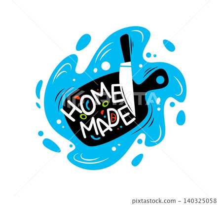 Homemade kitchen cook icon featuring a cutting board and knife with playful lettering and blue splash background. Emblem for food cooking, recipe book, company branding, packaging and home culinary Homemade kitchen cook icon featuring a cutting board and knife with playful lettering and blue splash background. Emblem for food cooking, recipe book, company branding, packaging and home culinary 140325058