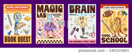 Y2K groovy stationery on school education posters with funny characters, cartoon vector. Y2K retro posters, groovy school student medal, funky magnifier or hippie chemistry lab vial with happy face Y2K groovy stationery on school education posters with funny characters, cartoon vector. Y2K retro posters, groovy school student medal, funky magnifier or hippie chemistry lab vial with happy face 140325063