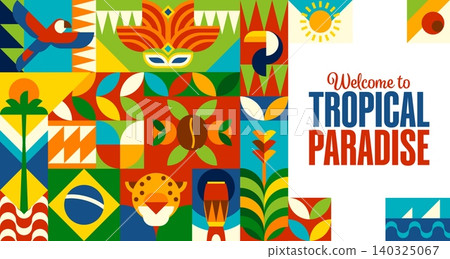 Brazil travel and vacation banner with geometric pattern, vector background. Brazil pattern with Brazilian Carnival mask, tropical paradise holiday and palms at Rio de Janeiro and Copacabana beach Brazil travel and vacation banner with geometric pattern, vector background. Brazil pattern with Brazilian Carnival mask, tropical paradise holiday and palms at Rio de Janeiro and Copacabana beach 140325067