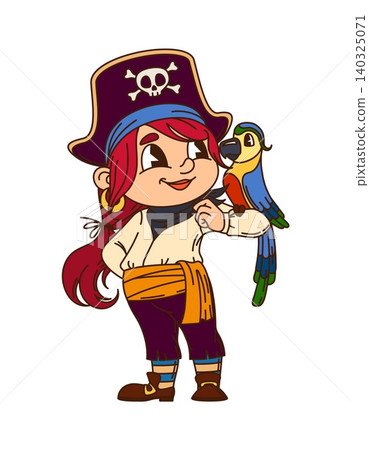 Redhead girl kid pirate sailor cartoon funny character. Kid sailor bandit isolated character, child skipper or boatswain funny vector personage. Pirate crew boatswain mascot with parrot bird pet Redhead girl kid pirate sailor cartoon funny character. Kid sailor bandit isolated character, child skipper or boatswain funny vector personage. Pirate crew boatswain mascot with parrot bird pet 140325071
