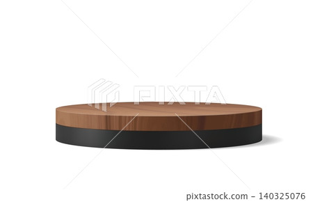 Realistic round 3d wooden podium stage with black plate, cosmetic product promotion stand pedestal. Vector eco rustic platform, display board for presentation or exhibition. Studio interior stand Realistic round 3d wooden podium stage with black plate, cosmetic product promotion stand pedestal. Vector eco rustic platform, display board for presentation or exhibition. Studio interior stand 140325076