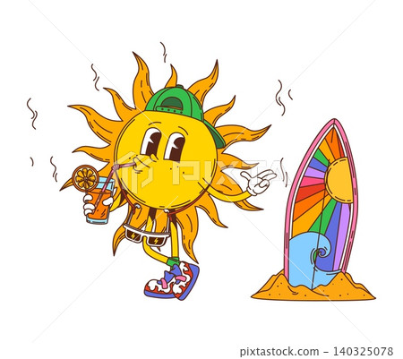 Cartoon groovy hippie sun character on the beach with a cool drink, wearing a cap and sunglasses with surfboard stands in the sand nearby. Vector retro funky summer personage enjoying summer vacation Cartoon groovy hippie sun character on the beach with a cool drink, wearing a cap and sunglasses with surfboard stands in the sand nearby. Vector retro funky summer personage enjoying summer vacation 140325078