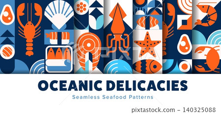 Seafood seamless patterns with modern geometric background of vector fish and shrimps. Seafood pattern of oceanic delicacy or sea food sushi with geometric tuna, starfish and crab or caviar and prawn Seafood seamless patterns with modern geometric background of vector fish and shrimps. Seafood pattern of oceanic delicacy or sea food sushi with geometric tuna, starfish and crab or caviar and prawn 140325088
