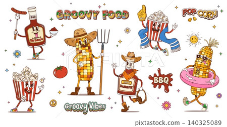 Groovy barbecue sauce, popcorn bucket and corn cob characters. Cartoon vector hippie retro y2k smiling food personages. Funky meals inspired by 60s and 70s with cheerful and playful face expressions Groovy barbecue sauce, popcorn bucket and corn cob characters. Cartoon vector hippie retro y2k smiling food personages. Funky meals inspired by 60s and 70s with cheerful and playful face expressions 140325089