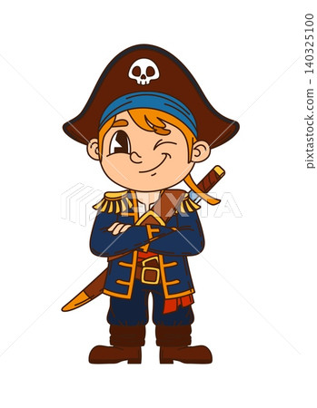 Winking boy kid pirate skipper cartoon cute character. Child pirate crew boatswain cheerful mascot, kid sailor bandit cute vector character. Filibuster fighter funny personage with sword on back 140325100