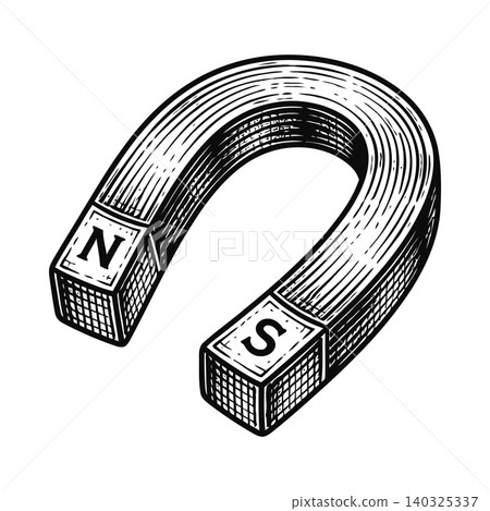 Horseshoe magnet in black and white line art style for educational materials and science Horseshoe magnet in black and white line art style for educational materials and science 140325337