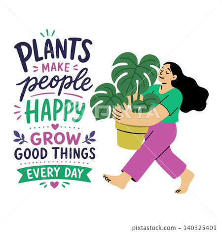 Happy woman holding potted plant in flat vector style for wellness and home decor Happy woman holding potted plant in flat vector style for wellness and home decor 140325401