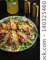 Salad with Pear, Arugula, Jamon, Blue Cheese and Blueberry, Delicious Fresh Salad Appetizer on Bright Background 140325460